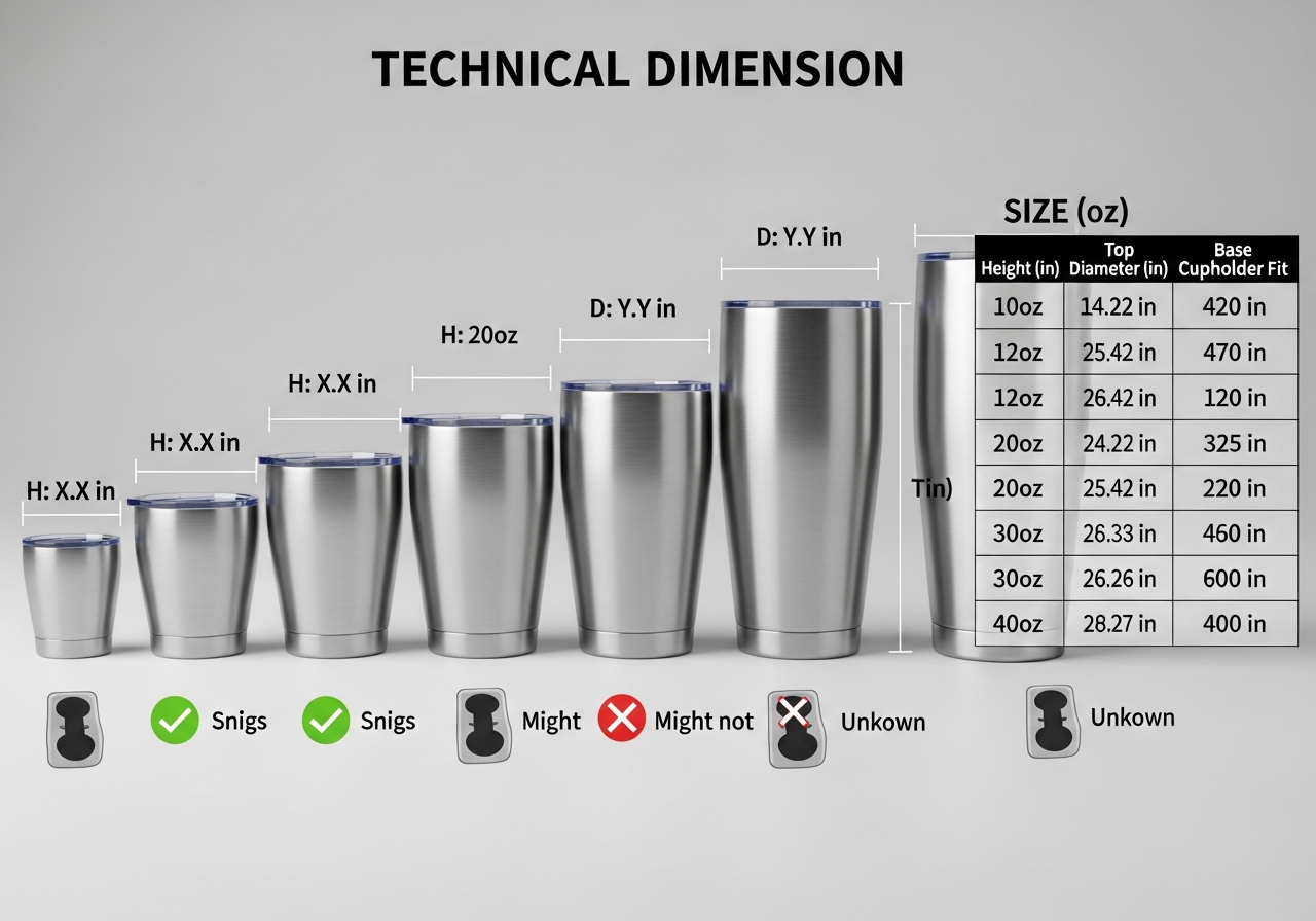 Tumbler size dimensions chart comparing 12oz 16oz 20oz 30oz and 40oz tumblers