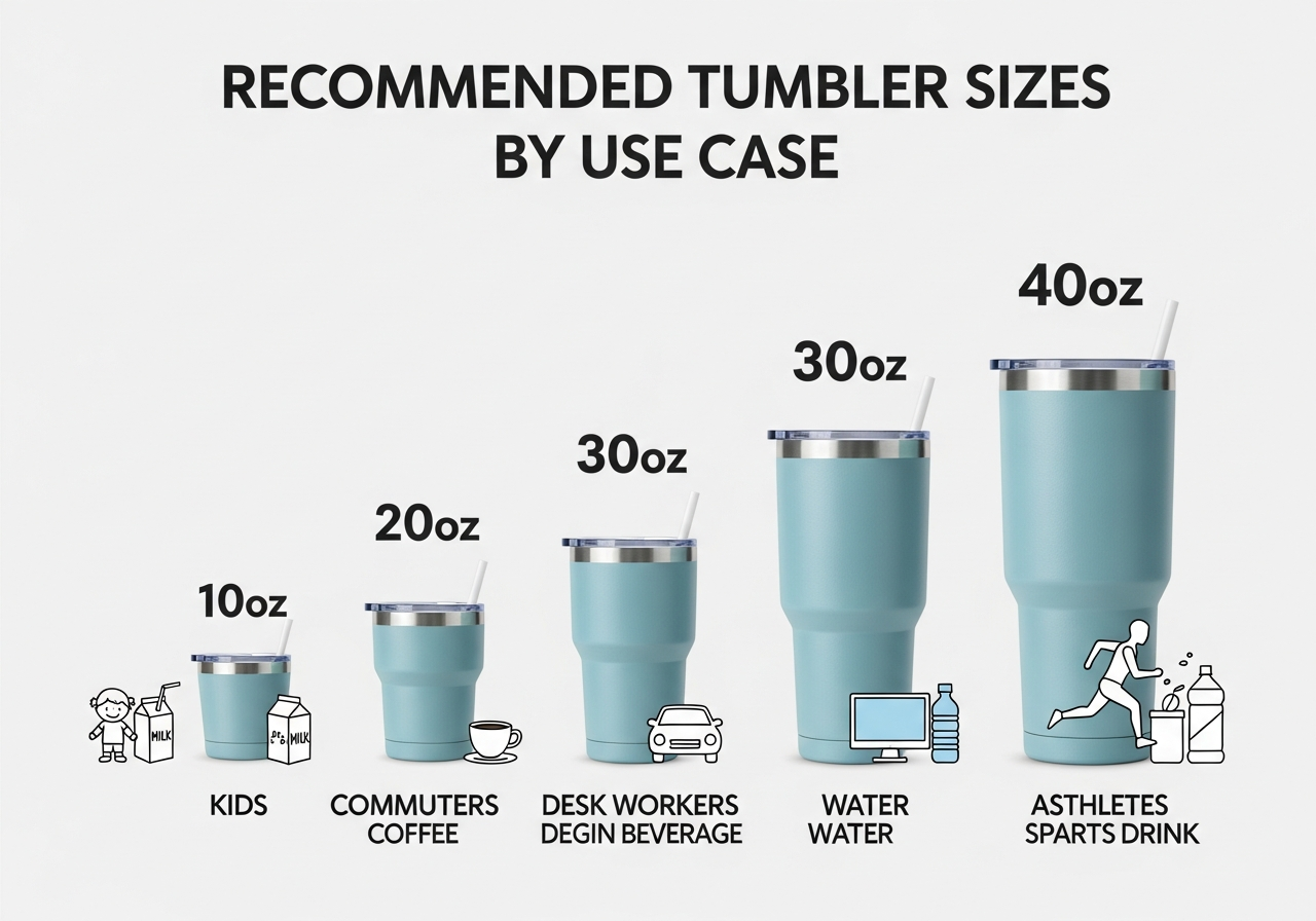 Use case recommendations showing best tumbler size for weddings corporate gifts and daily use