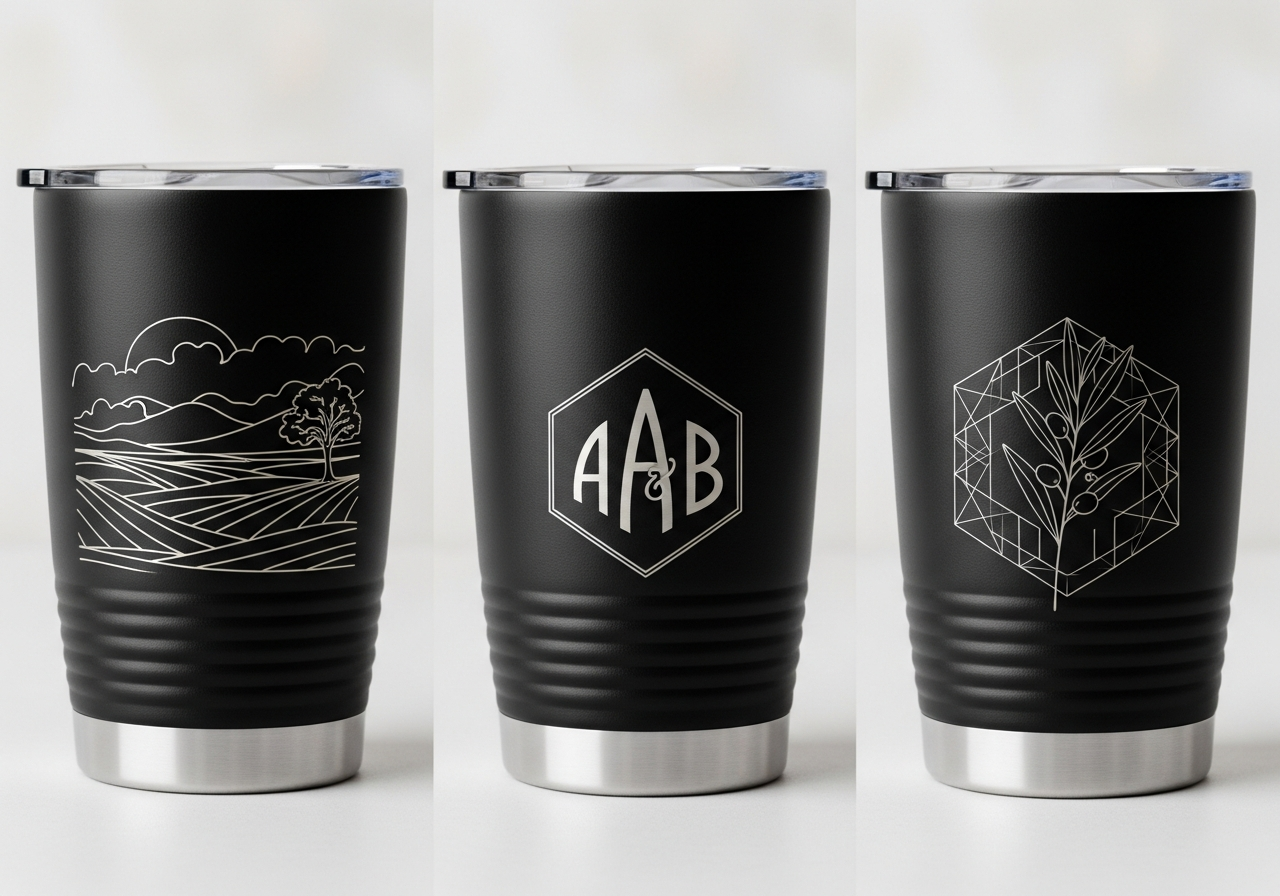 Laser engraved minimalist tumbler designs on matte powder coats