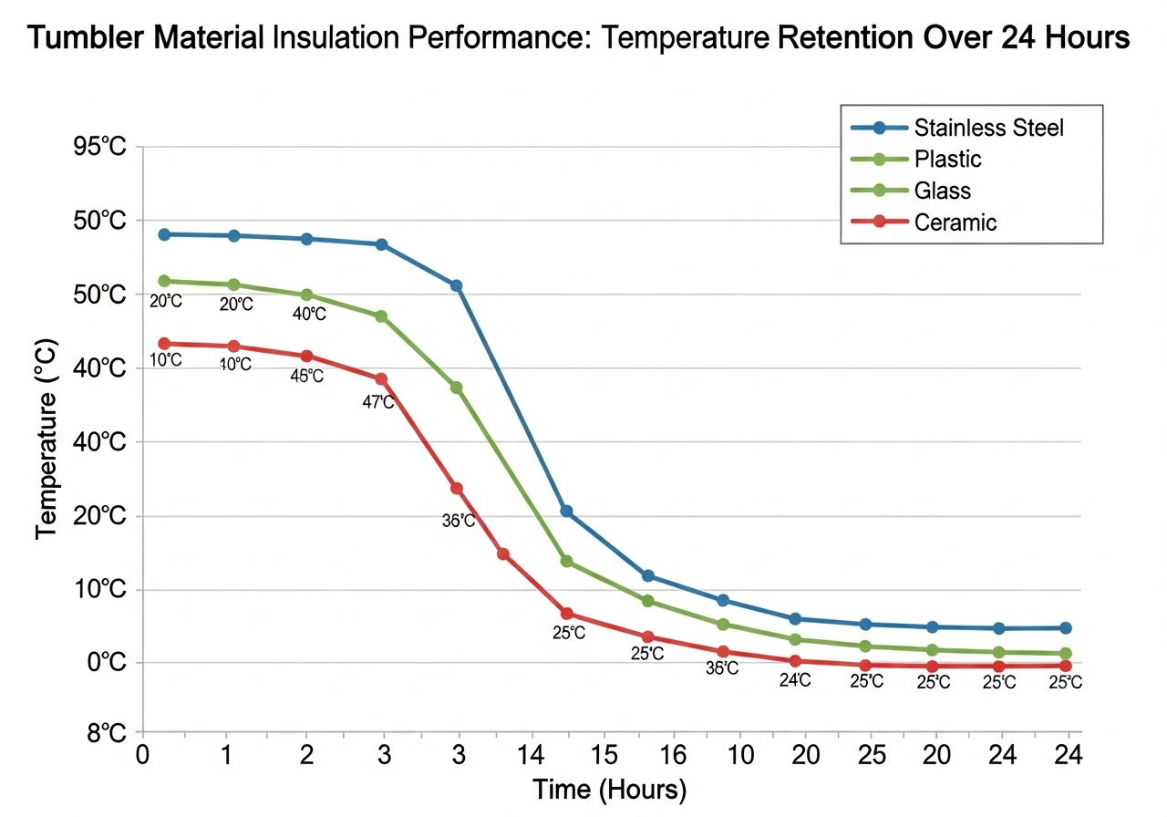 Insulation performance comparison chart showing heat and cold retention hours for steel plastic and glass tumblers