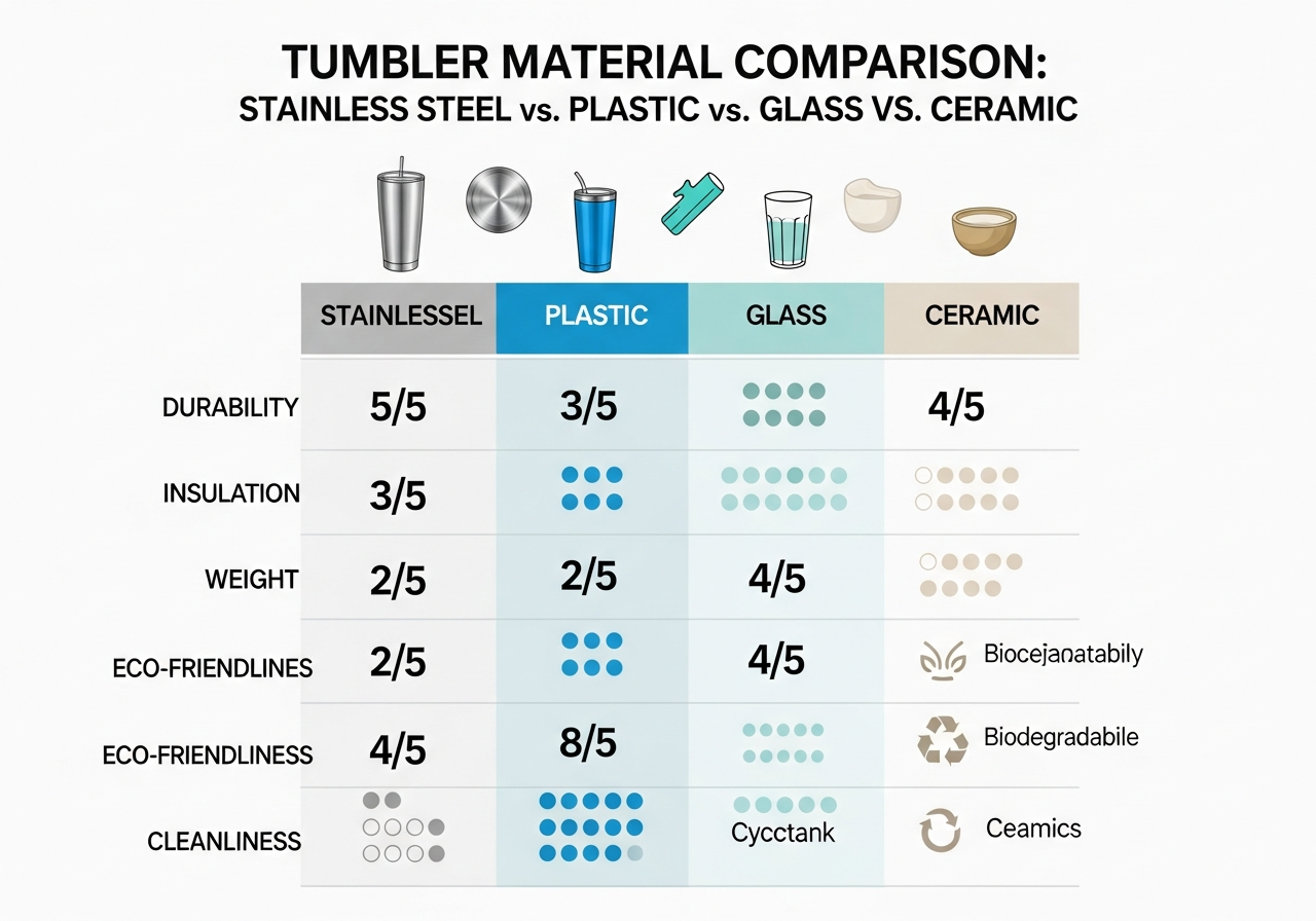 Material comparison infographic for stainless steel plastic and glass custom tumblers with key specs
