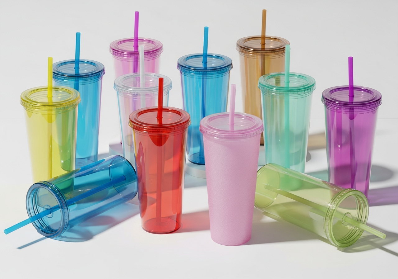 Variety of BPA-free plastic tumblers including Tritan acrylic and polypropylene with custom designs