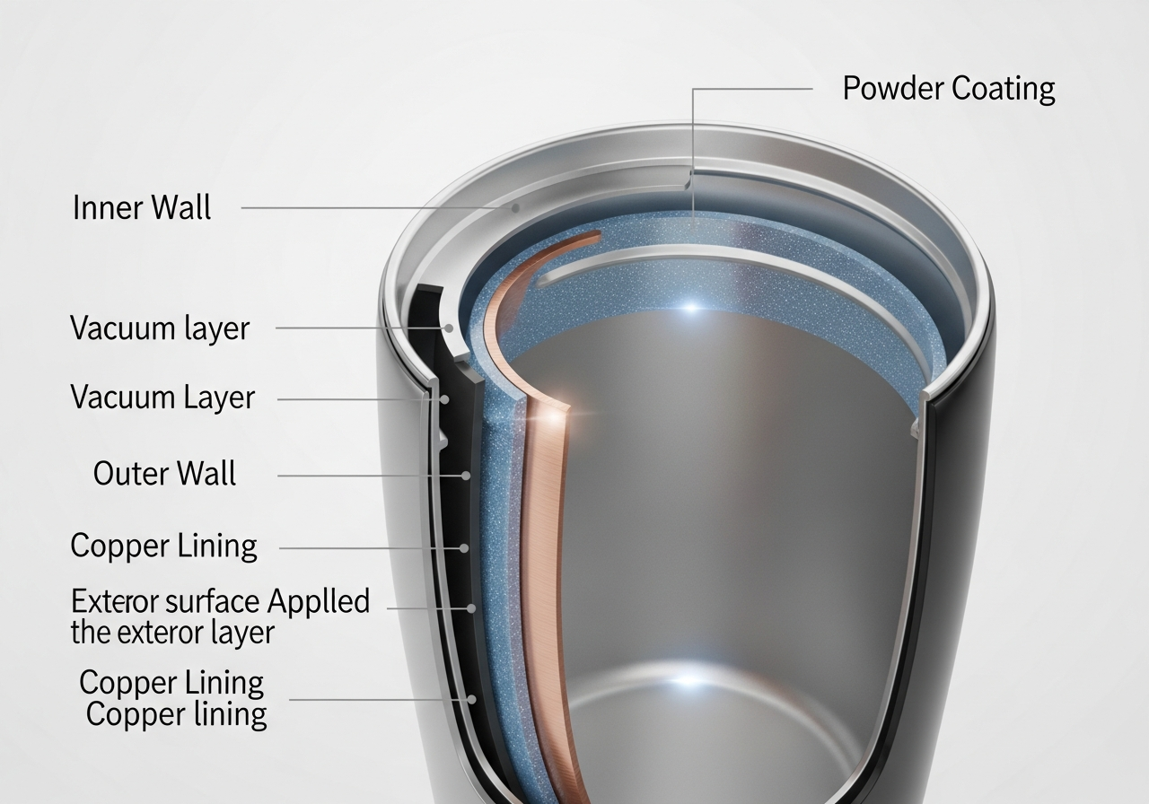 Cutaway diagram of double-wall vacuum insulated stainless steel tumbler showing construction layers