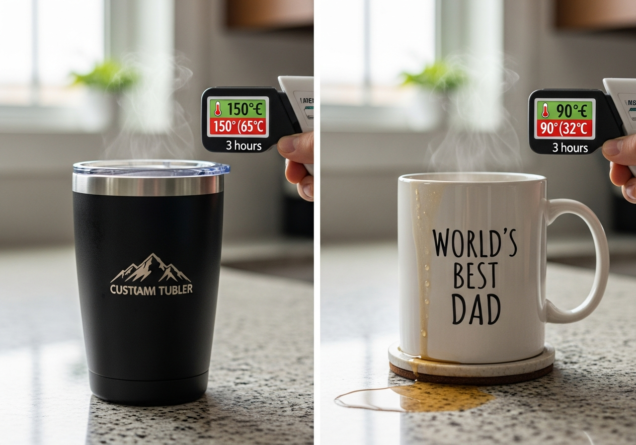 Insulation comparison showing temperature retention for tumblers versus ceramic mugs