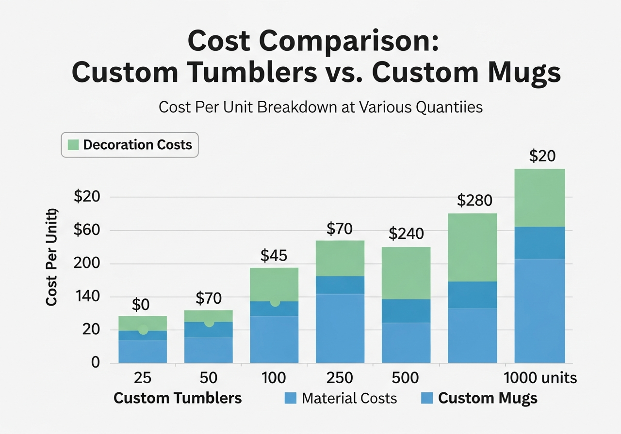 Price comparison chart showing per-unit costs for custom tumblers versus mugs at various quantities