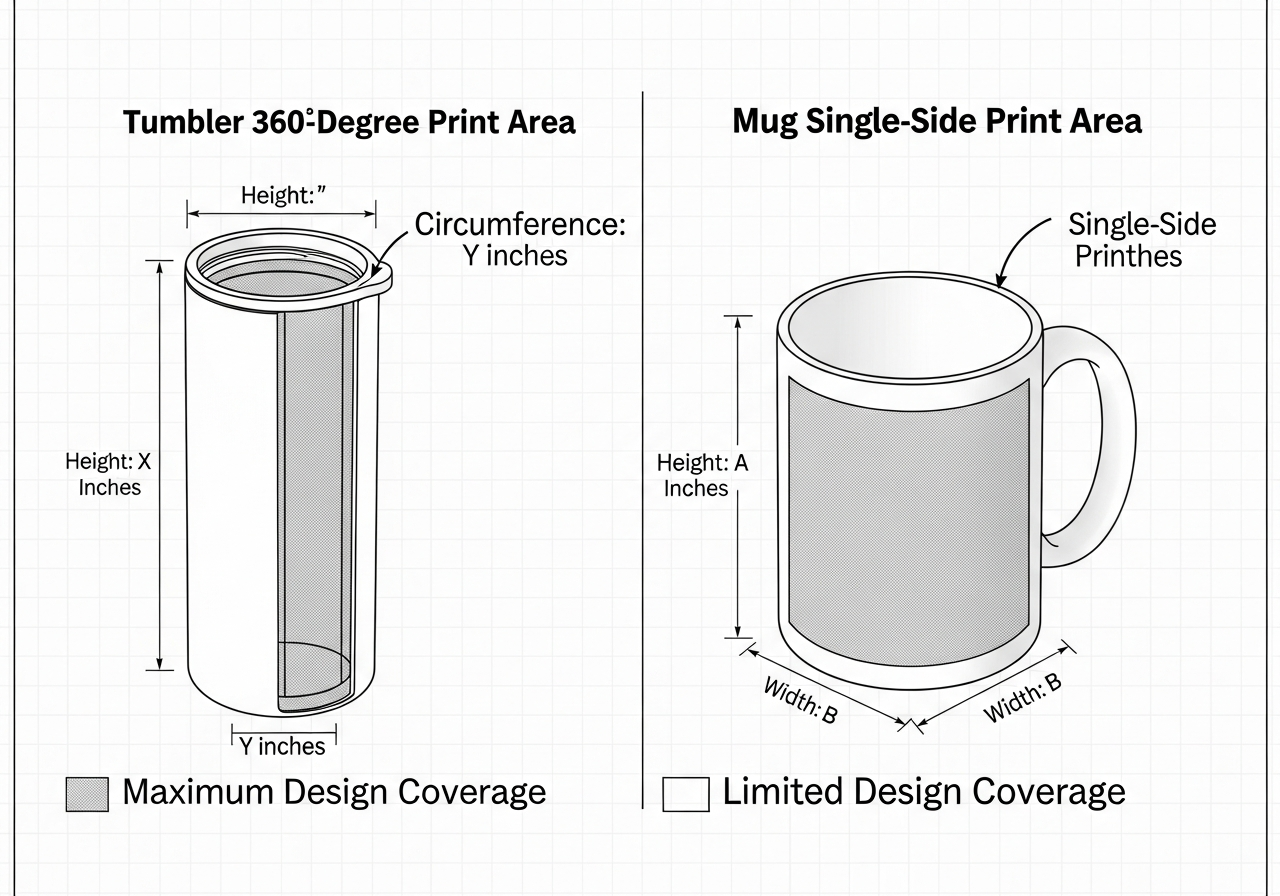 Print area comparison showing design surfaces for tumblers and mugs side by side
