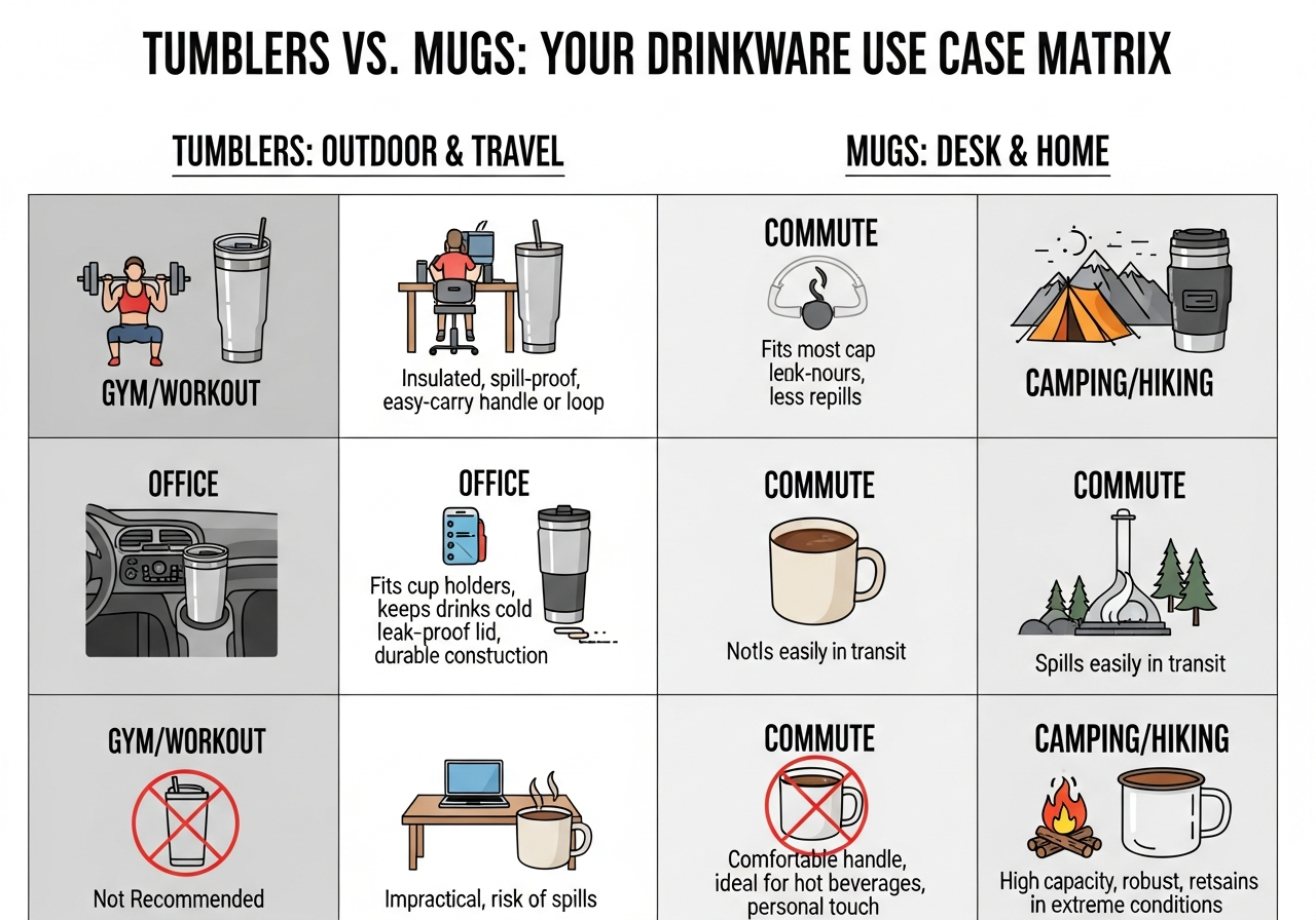 Use case matrix showing when to choose tumblers versus mugs for different projects