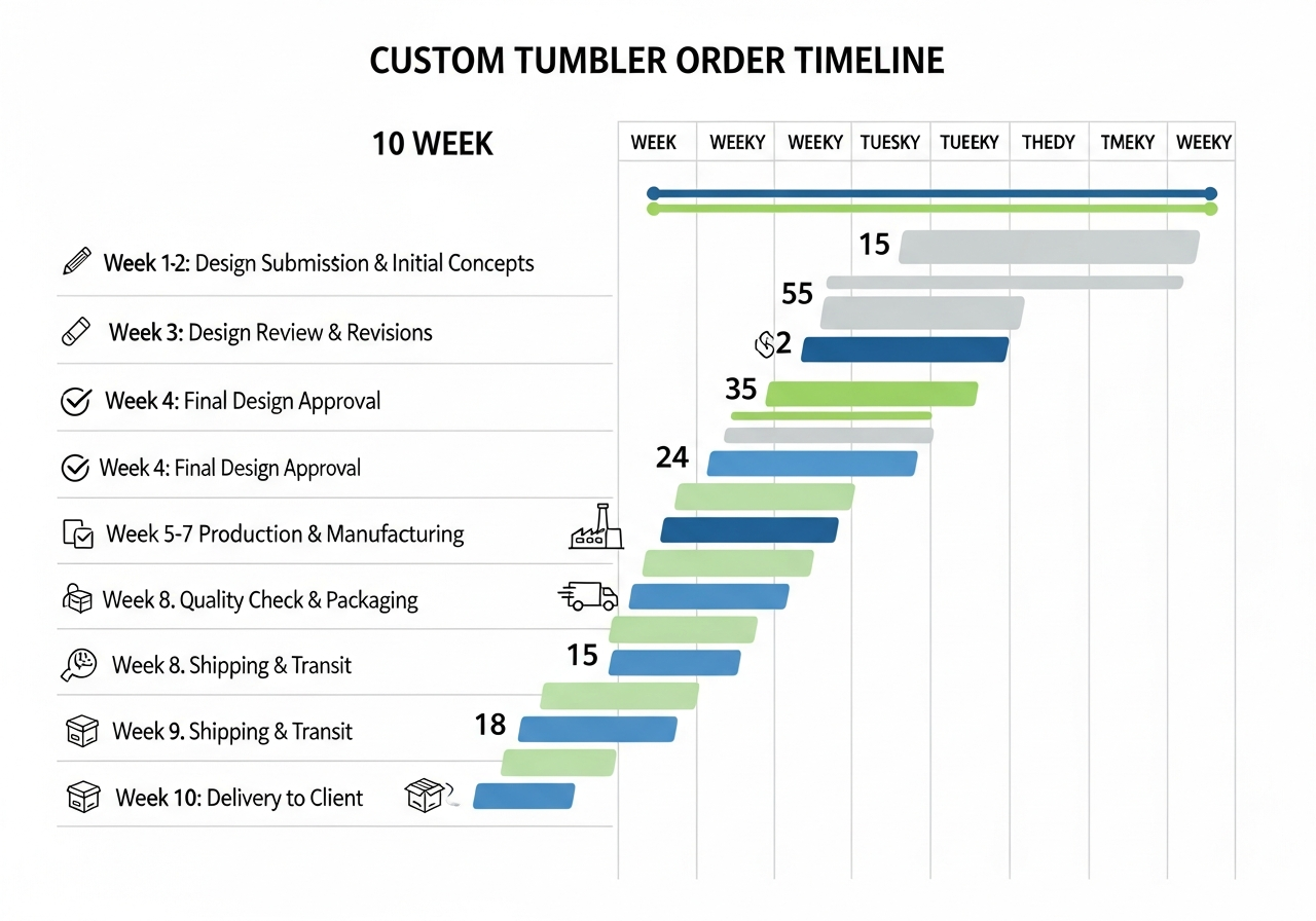 Event tumbler ordering timeline from design to delivery for weddings and events