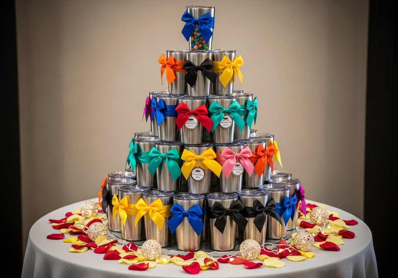 Event tumbler favor display ideas including table settings and gift bag presentations